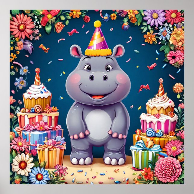 🎉 Poster de Aniversário de Hipopótamo Fofo Bolo B (Frente)