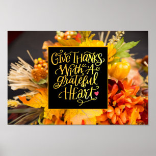 Poster Dê aos Obrigados com flores de queda de coração
