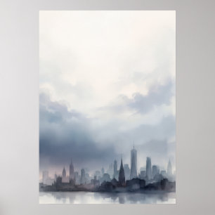 Pôster de aquarela da silhueta da cidade azul cinz
