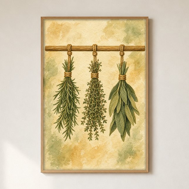 Poster de Aquarela de Feixes de Ervas Pendurados (Shown framed for scale. Poster ships unframed; frames are an optional add-on.)