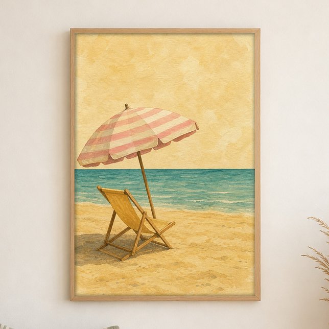 Pôster de Aquarela de Guarda-Sol e Cadeira de Prai (Shown framed for scale. Poster ships unframed; frames are an optional add-on.)