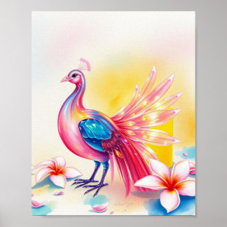 Poster de Aquarela de Pavão Rosa Elegante