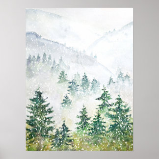 poster de aquarela de pinheiro de neve
