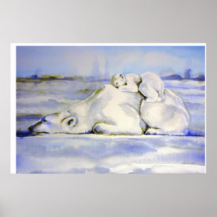 Poster de Aquarela de Urso Polar Mãe e Filhote