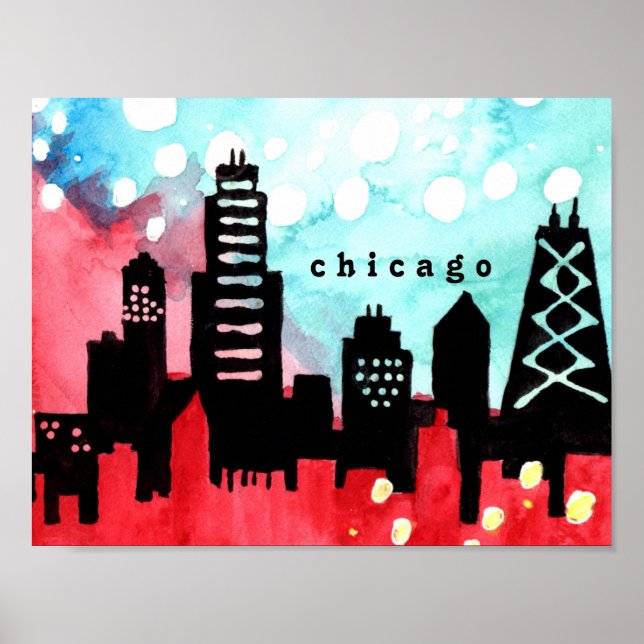 Poster de aquarela do horizonte de Chicago (Frente)