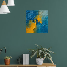 Pôster de Arte Abstrata em Impasto Azul e Dourado