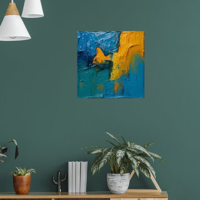 Poster de Arte Abstrata em Impasto Azul-Verde e Âm (Sala de Estar 1)