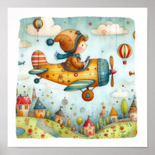Poster de Arte Adorável, Avião Voador Infantil