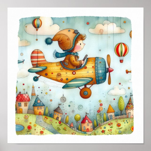 Poster de Arte Adorável, Avião Voador Infantil (Frente)