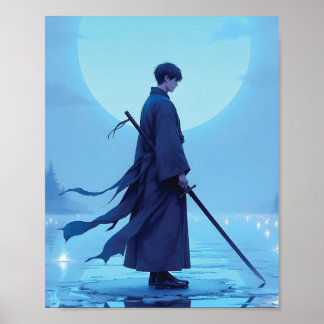 Poster de Arte Anime Samurai Solitário Lua Cheia