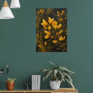 Pôster de Arte Botânica Escura de Ginkgo Dourado