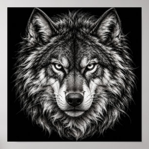 Pôster de Arte com Cabeça de Lobo Alfa Preto e Bra
