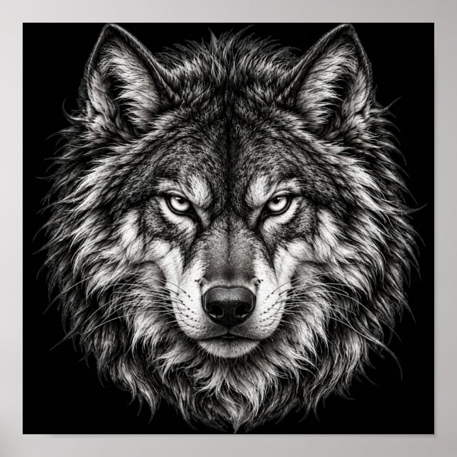 Pôster de Arte com Cabeça de Lobo Alfa Preto e Bra (Frente)