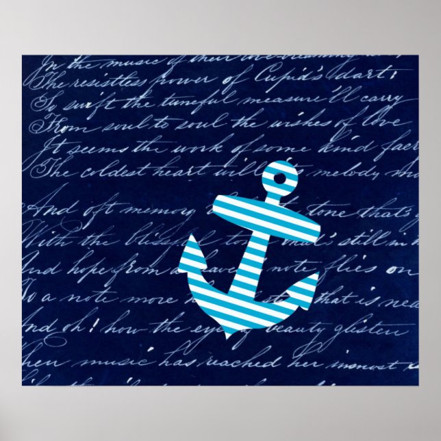 Poster de arte da âncora azul com risca náutica (Frente)