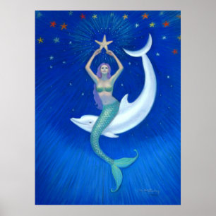 Poster de arte de fantasia da Dolphin Moon Mermaid