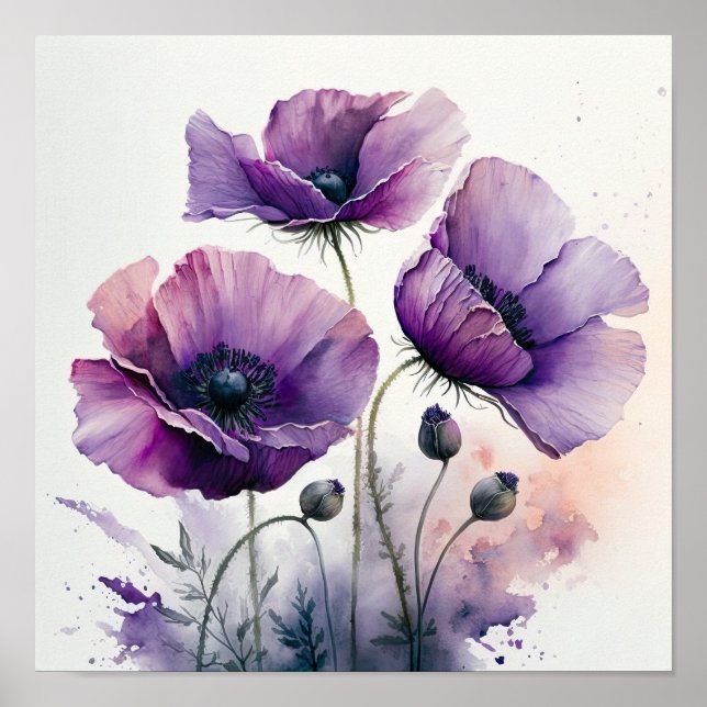 Pôster de Arte de Flores de Papoula Roxa (Frente)