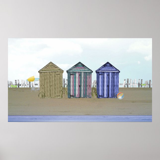 Poster de Arte de Huts de praia e praia (Frente)