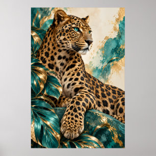 Poster de Arte de Leopardo em Azul Turquesa e Dour