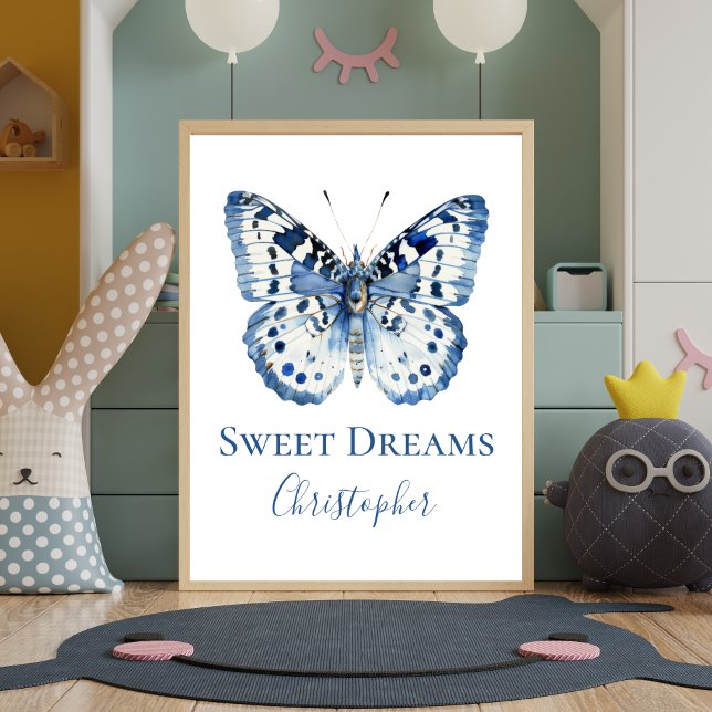 Poster de Arte de Muro de Borboleta Azul (Personalized Blue White Butterfly Nursery Wall Art Print Poster. )