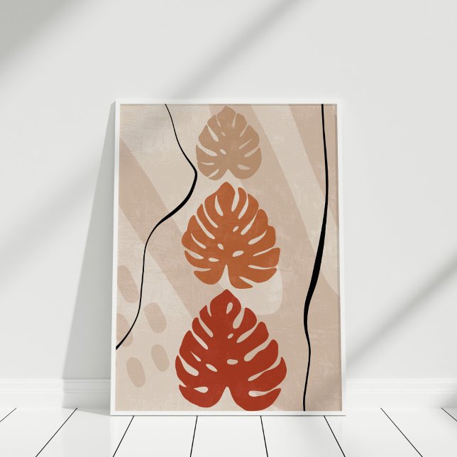 Poster de Arte de Parede Abstrato em Linha Boho Mo (Boho Burnt Orange Beige Monstera Wall Art in a white frame.)