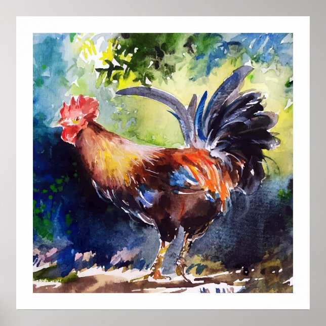 Poster de Arte de Rooster de Watercolor (Frente)