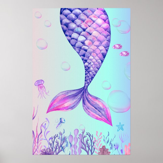 Poster de Arte de Salão Azul Roxo Sereia (Frente)