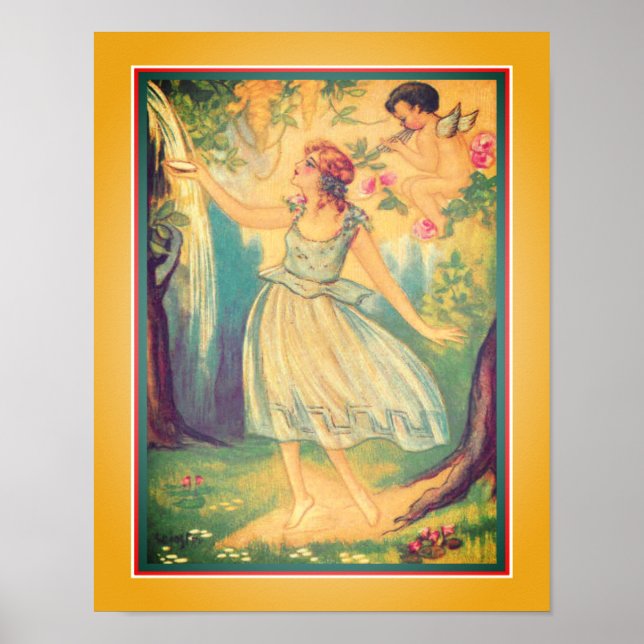 Poster de Arte Deco "Rapariga e Cupido em Waterfal (Frente)