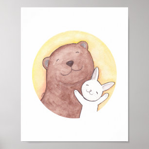 Poster de Arte do Urso Feliz e Coelho Decoração Fl