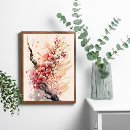 Pôster de Arte Floral Aquarela de Flor de Cerejeir