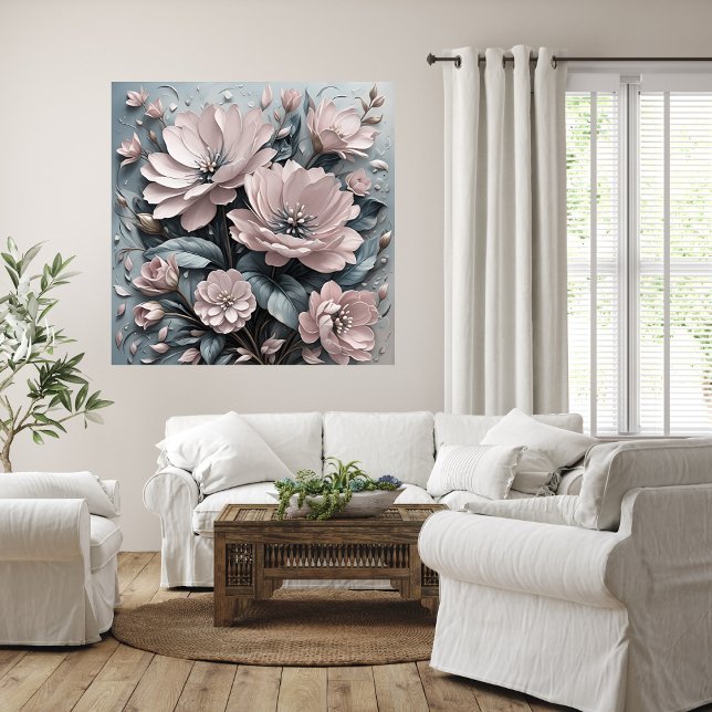 Poster de Arte Floral de Blooms Rosa (Pink Blooms Floral Art Poster Mockup 1)