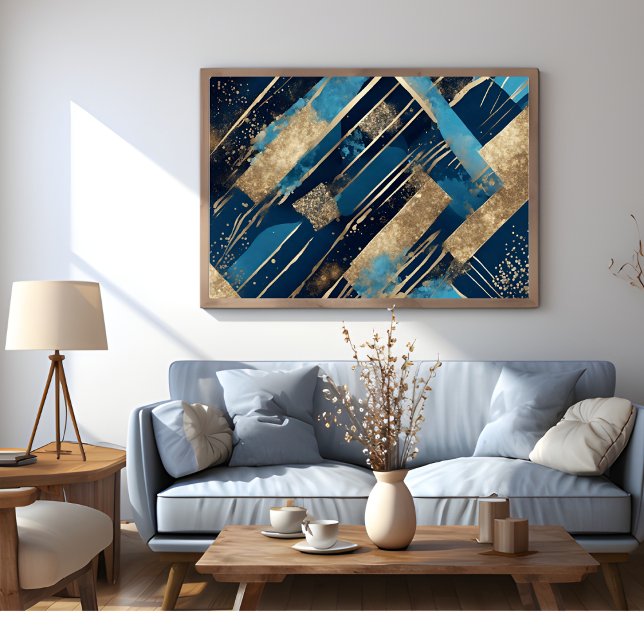 Poster de Arte Moderna Elegante Azul E Dourada (Blue And Gold Glitter Elegant Modern Art Poster)