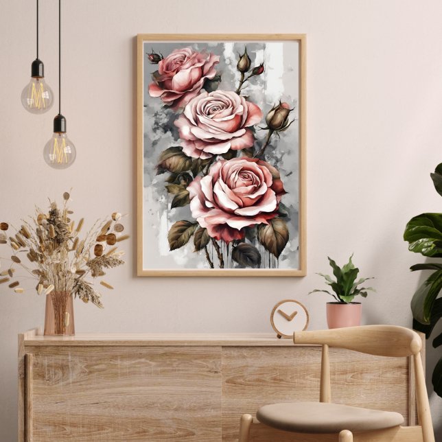 Poster de Arte Moderna Floral de Três Rosas Rosa (Three Pink Roses Floral Modern Art Poster)