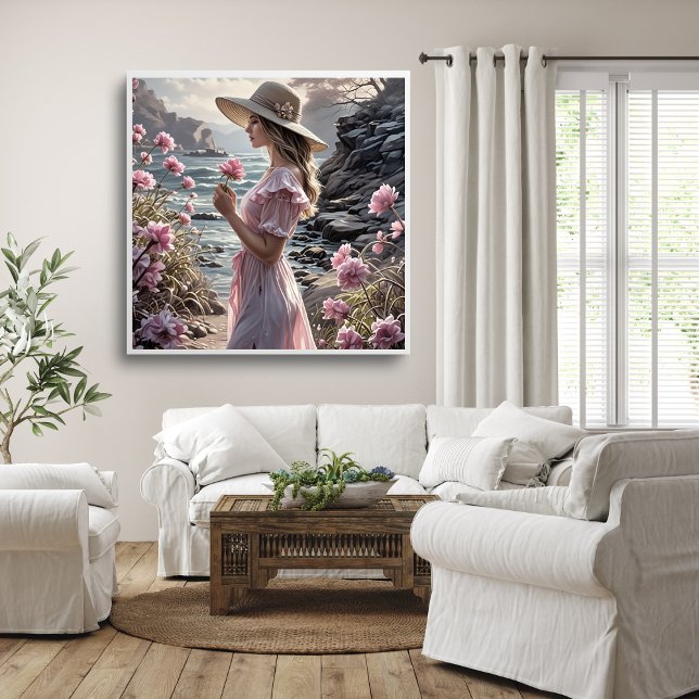 Poster de Arte Romântica de Uma Mulher Bonita no V (Romantic Art Poster of Beautiful Woman in Summer Mockup 1)