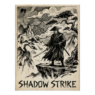 Pôster de Arte Tinta Samurai Shadow Strike