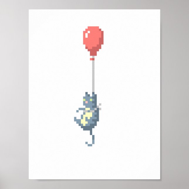 Poster de Artes De Pixel De Gato E Balão Vermelho (Frente)