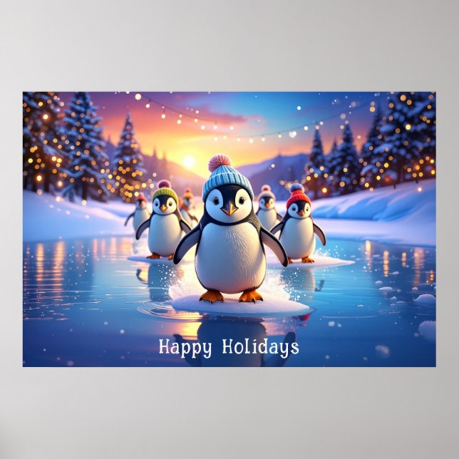 Pôster de Árvore com Pingüins Fofos em Chapéus de  (Frente)