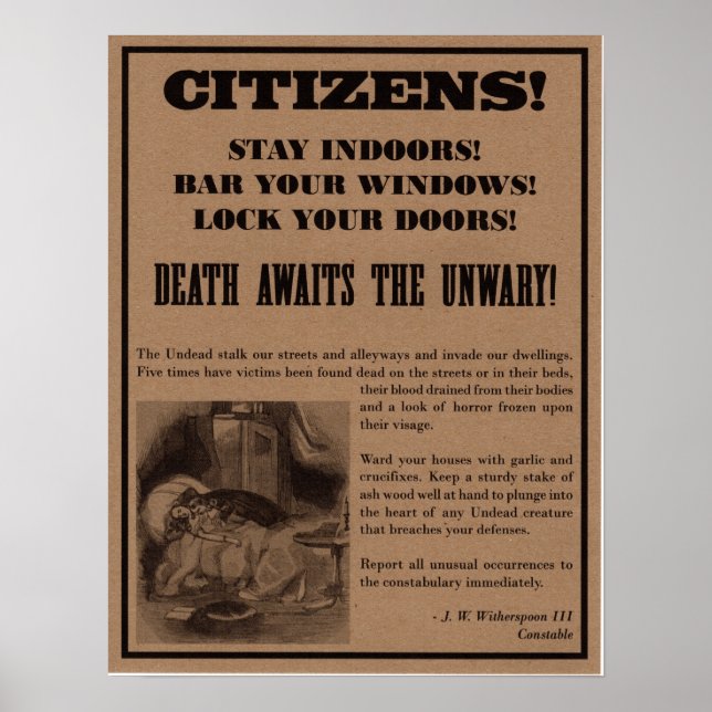 Poster de Aviso Vampiro. Decoração de Halloween. (Frente)