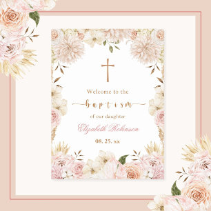 Poster de Batismo Floral Elegante Rosa Boho