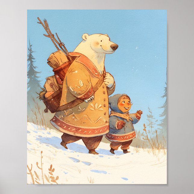 Pôster de Berçário de Inverno de Urso Polar e Cria (Frente)