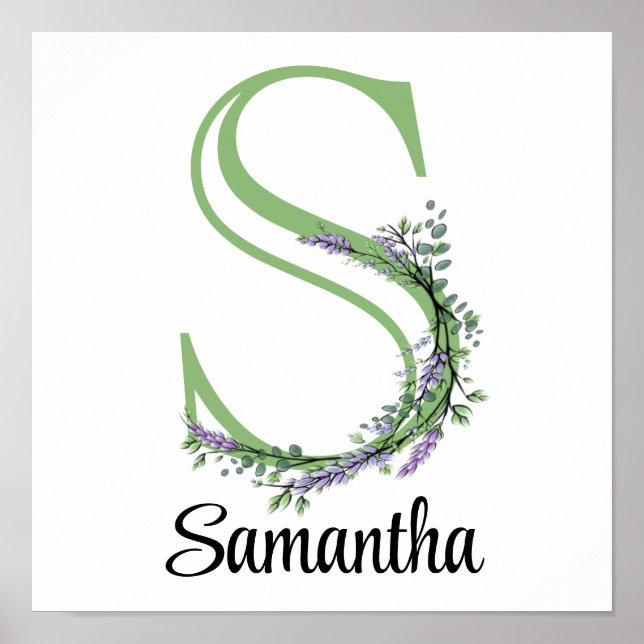 Pôster de berçário Monograma S Lavanda Eucalipto (Frente)