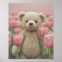 Poster de Berçário Urso de Pelúcia e Tulipa Rosa