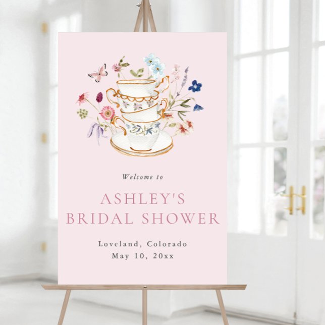 Poster de boas-vindas ao Chá (Floral Pink Bridal Tea Welcome Poster with Butterfly by Painted Paperie
)