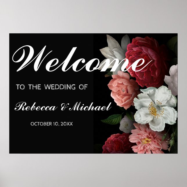 Poster de Boas-vindas do Casamento Floral Burgundy (Frente)