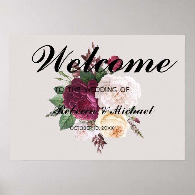 Poster de Boas-vindas do Casamento Floral Burgundy (Frente)