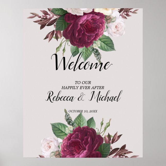 Poster de Boas-vindas do Casamento Floral Burgundy (Frente)