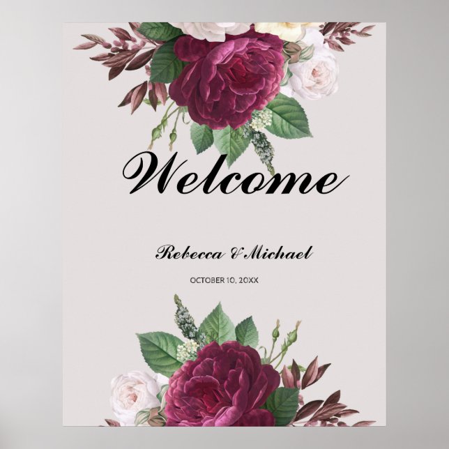 Poster de Boas-vindas do Casamento Floral Burgundy (Frente)