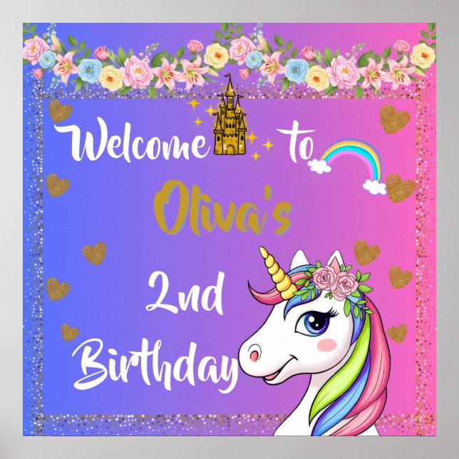 Poster de Boas-vindas do Rainbow Unicorn Birthday (Frente)