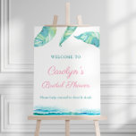 Poster de boas-vindas do Tropical Beach Chá de pan<br><div class="desc">Folhagem tropical em vários tons de verde-turquesa combina com um pop de texto de fúcsia.</div>
