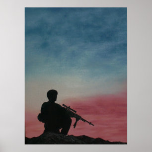 Poster de branco da silhueta do soldado e azul