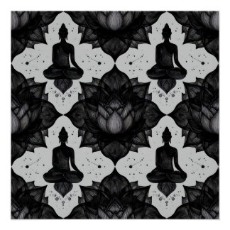 Pôster de Buda Meditando com Padrão Zen de Lótus P